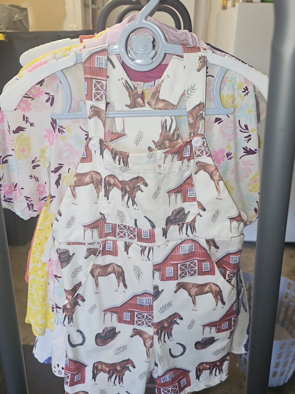 Children's Horse & Barn Print Overalls - Cream & Brown